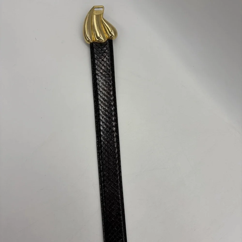 Vintage 80's Womens M/L Belt Black Genuine Snakeskin Sculptural Gold Tone Buckle